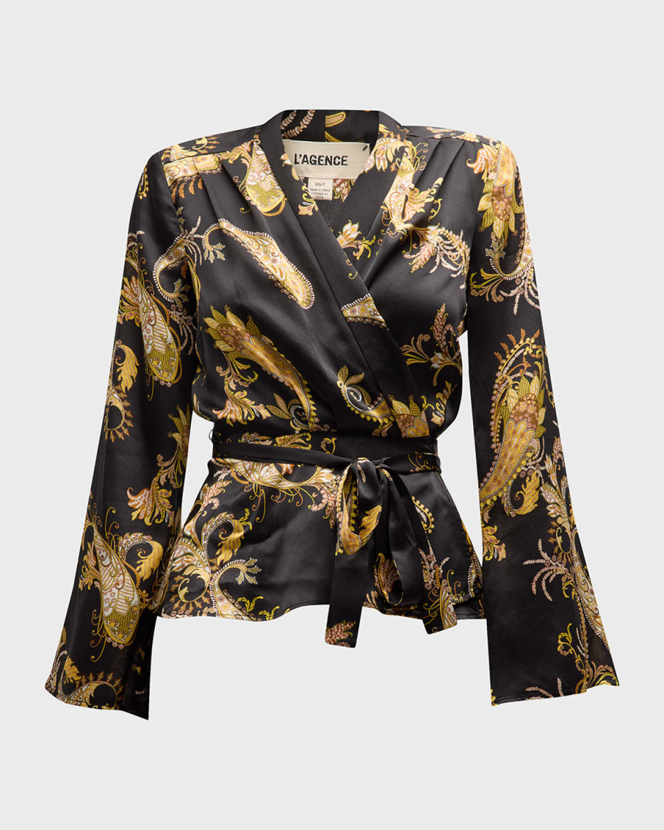 Olive Paisley-Printed Silk Wrap Blous